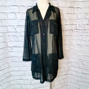 Vintage 🖤 Express Sheer Longline Black Button Down Blouse. Size Large.